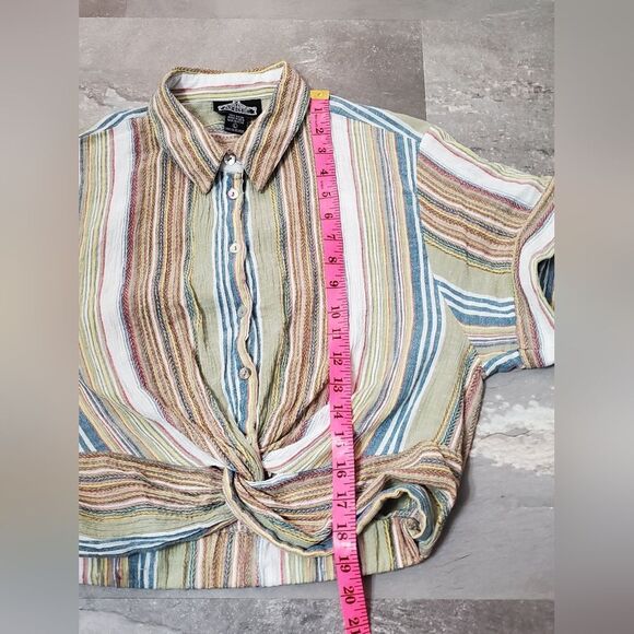 Angie Short Sleeves Crop Top Shirt. Multicolor Stripes. Twisted Front. Boho. L. - Picture 7 of 8